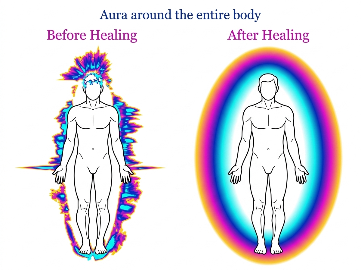 The aura around the entire body, before and after a Pranic Healing session