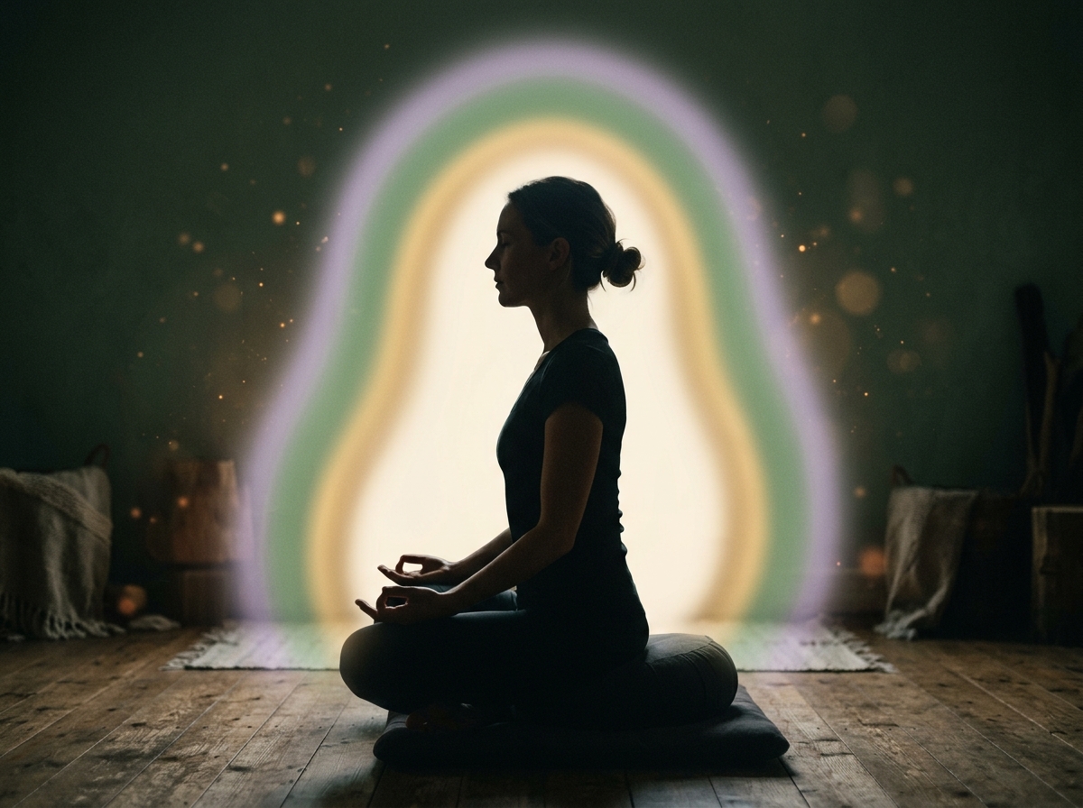 A meditator's full layered aura, the depth of sustained care